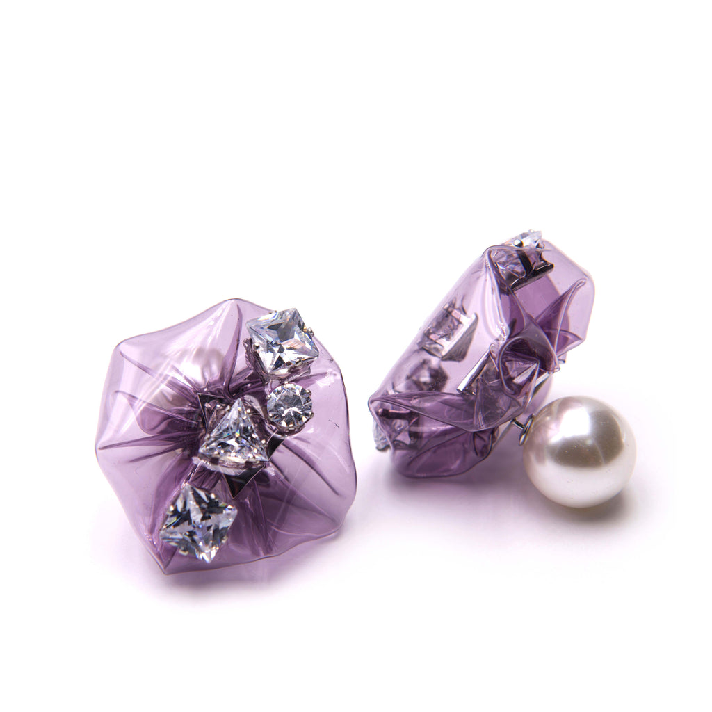 Hand-Stitched PVC Stud Earrings/Ear Clips with Zircon & Pearl