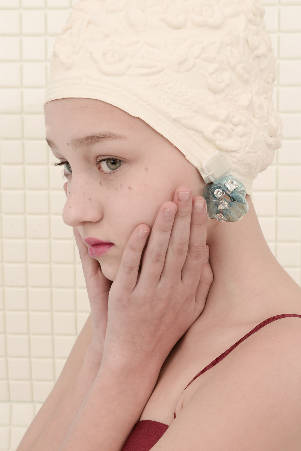 Hand-Stitched PVC Stud Earrings/Ear Clips with Zircon & Pearl