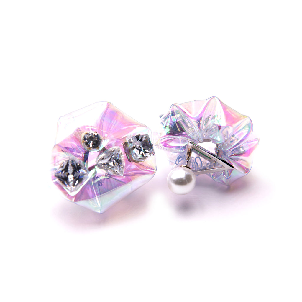 Hand-Stitched PVC Stud Earrings/Ear Clips with Zircon & Pearl
